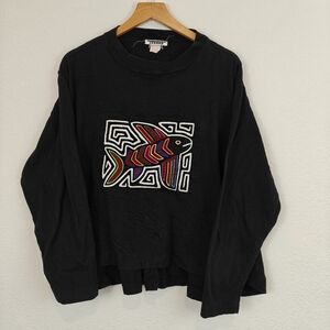 Vintage Mola Art Quilted Embroidered Long Sleeve Shirt Fish Print Size LG